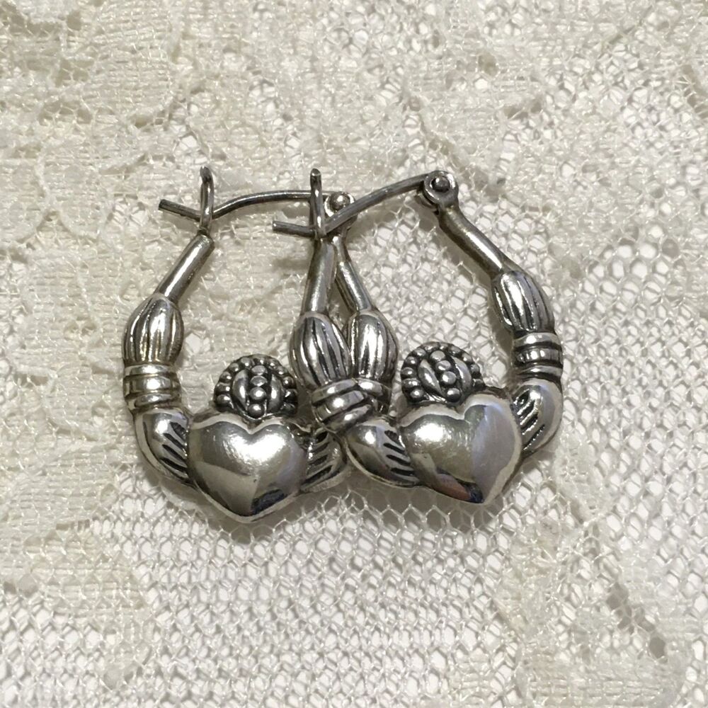Vintage Sterling Silver Claddagh Hoop Earrings Pierced